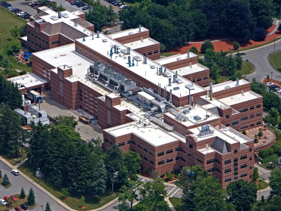An arial view of a hospital commercial roof